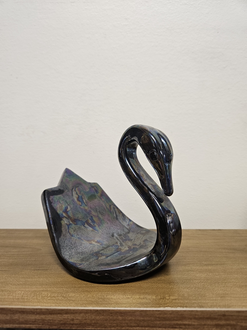 Vintage MCM Ceramic Black Swan Soap Dish & Towel Holder Iridescent